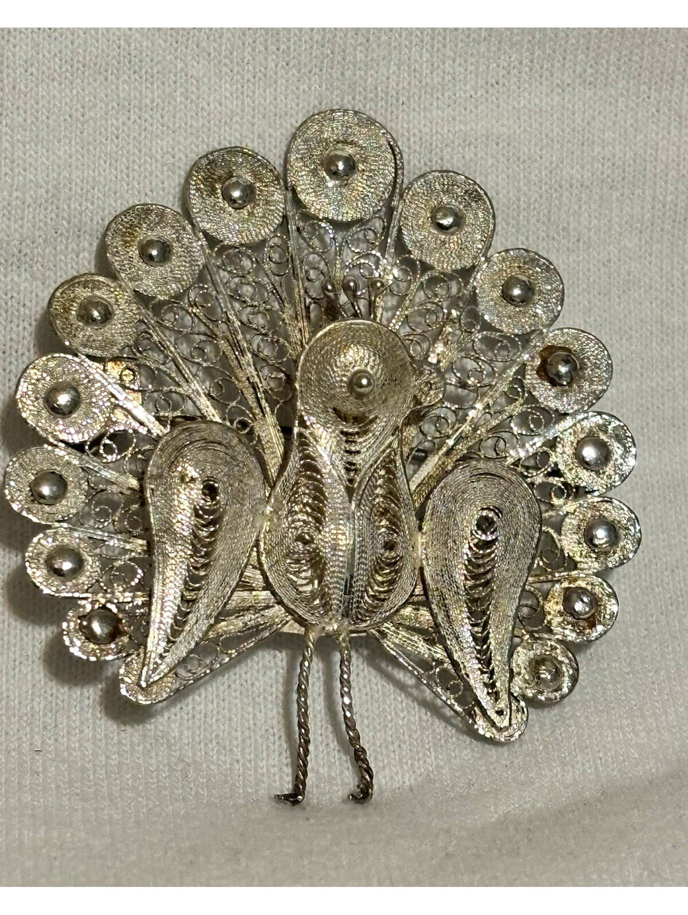Vintage Silver Filigree Peacock Brooch Pin Handmade Bird Ornate Wirework